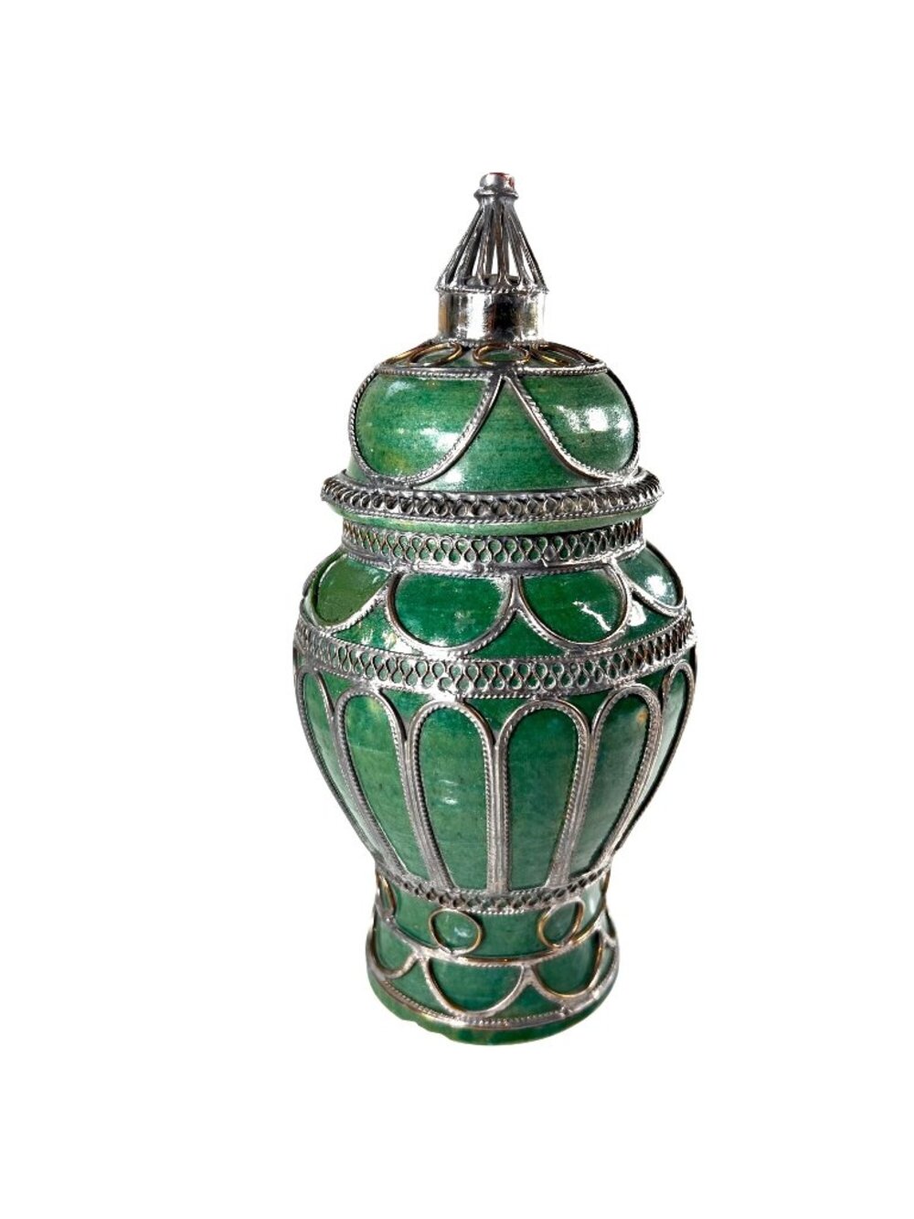 Antique Moroccan Green Enamel Jar Intricate Silver Filigree Overlay Lidded Urn